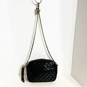 Paradox Black Quilted Patent Leather Crossbody Bag Chain Leather Strap Gold Tone